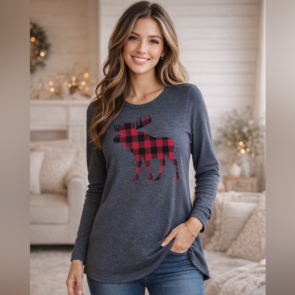 12 Pm By Mon Ami Charcoal and Plaid Moose Long Sleeve Tee